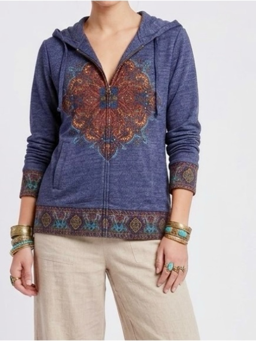 LUCKY LOTUS Blue Zip-Front Hoodie w Rust Medallion Graphic — #LHP
